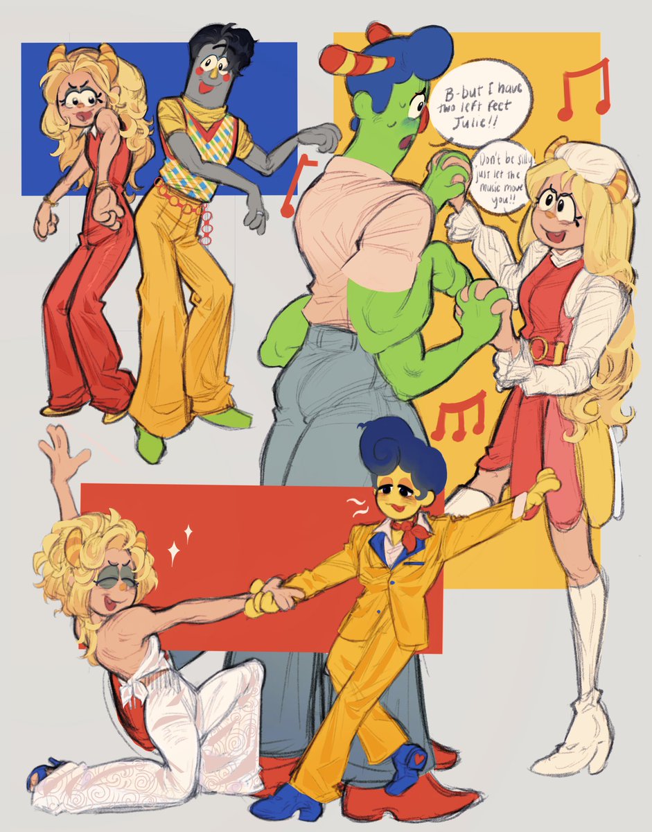 MOPTOPUS's tweet image. Did I sketch Julie dancing with friends through the night just so I could make a pun about Howdy’s many legs? We’ll never know #WelcomeHome #juliejoyful #frankfrankly #WallyDarling #HowdyPillar