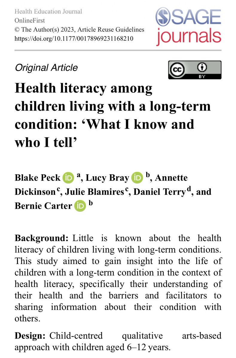 🌟Health literacy among children living with a long-term condition: ‘What I know and who I tell’
The importance of parents and professionals in checking children’s understandings of their condition and developing health literacy. 
⬇️ open access paper
journals.sagepub.com/doi/epub/10.11…