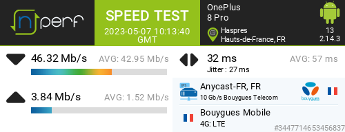 Val_gauthier78's tweet image. ↓46321 kb/s ↑3838 kb/s, ⇄ 32 ms / mobile:Bouygues Mobile / #OnePlus8Pro / #nPerf v2.14.3 /
