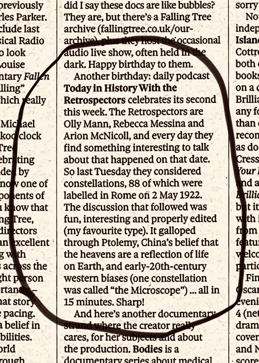 Woo! 'Today in History' is pick of the week in @msmirandasawyer's (excellent, accurate, unarguable) Audio column in The Observer today. Goddess.