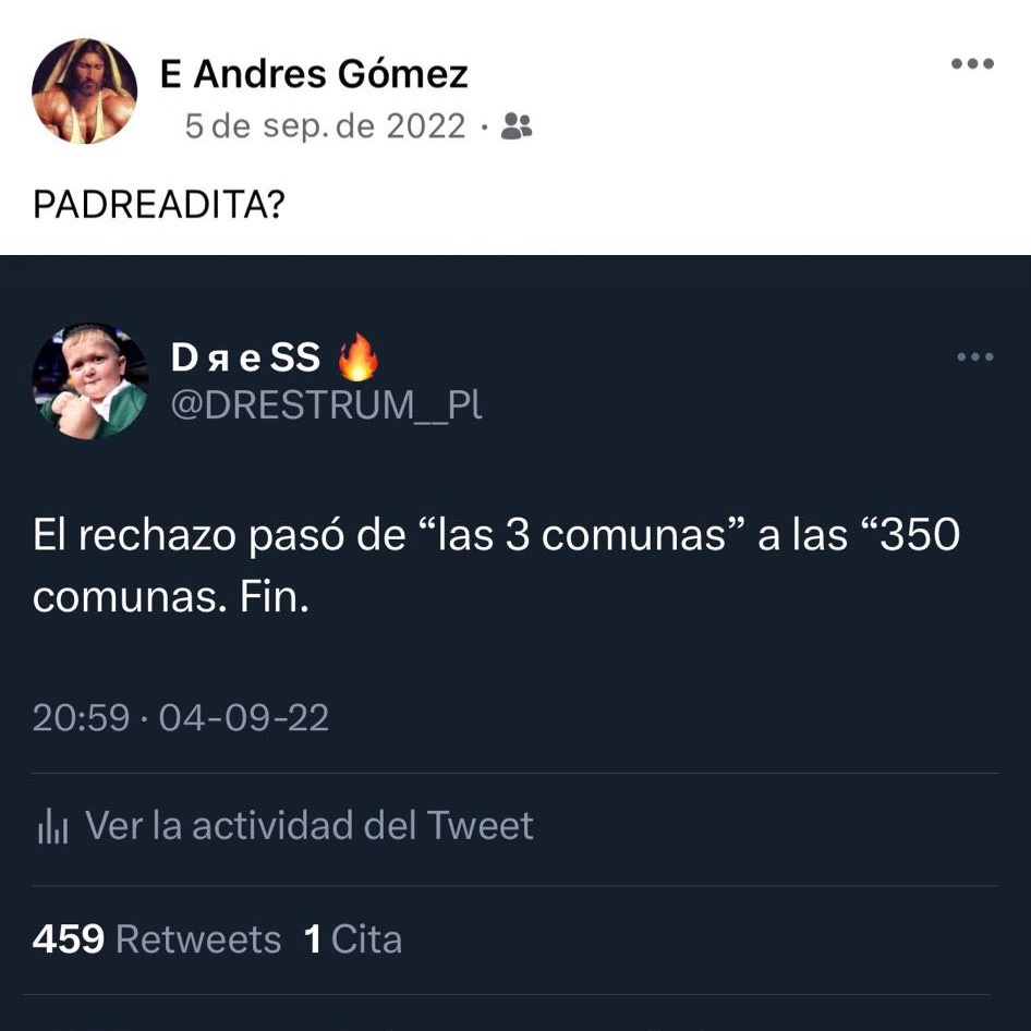 (1/7)🕵️‍♂️Investigación de la identidad de <a href="/DRESTRUM__Pl/">D я e S S 🔥</a>:  
He investigado a <a href="/DRESTRUM__Pl/">D я e S S 🔥</a>, alias Esteban Benjamín Gómez Contreras, quien  escribe lo mismo en Facebook y Twitter el mismo día y utiliza la palabra "padreadita". 
Se queja del calor en Chillán y  Ñuble es su región.