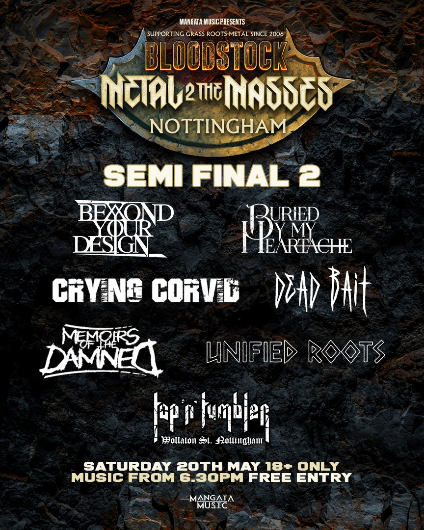 !! NOTTINGHAM, WE'RE COMING FOR YOU!!

Just under two weeks before we take part in the Semi Final for a chance to play the mighty @BLOODSTOCKFEST! Let's get BBMH there shall we!

facebook.com/events/s/m2tm-…

#BuriedByMyHeartache #UnearthedMusic #m2tm #metal #metalcore #Bloodstock