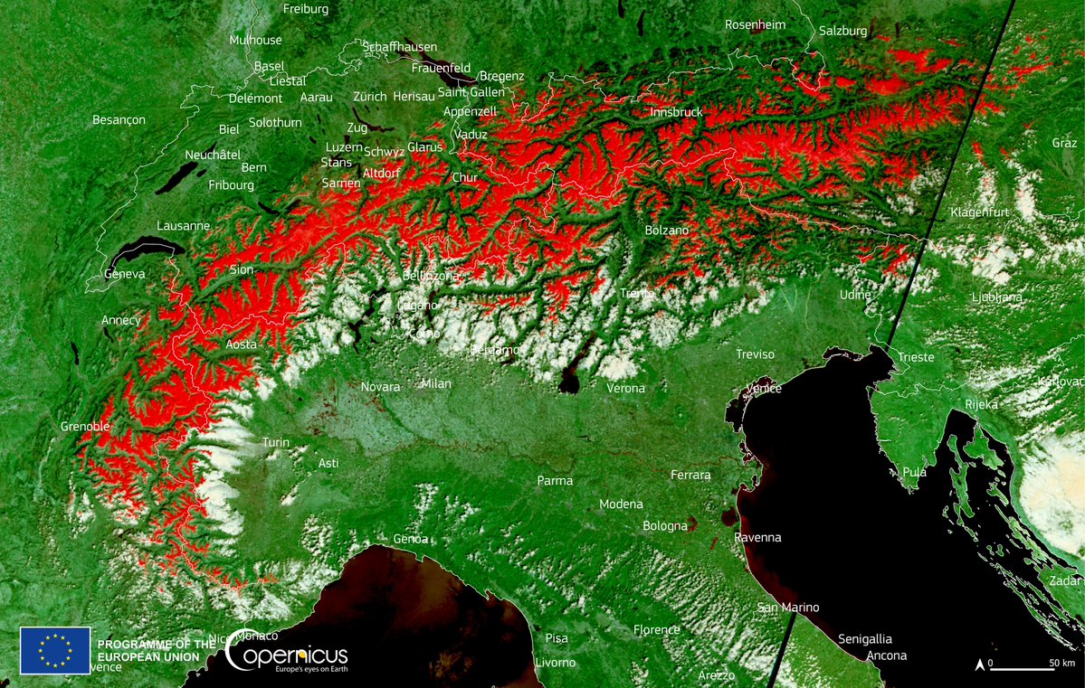 Copernicus for #snow monitoring ❄️

The #SLSTR radiometer onboard our #Sentinel3   helps us find snow by measuring the Land Surface Temperature of soils

⬇️The snow cover in the Alps (shown in red tones) is visible in this #Copernicus Sentinel-3🇪🇺🛰️ image of 4 May