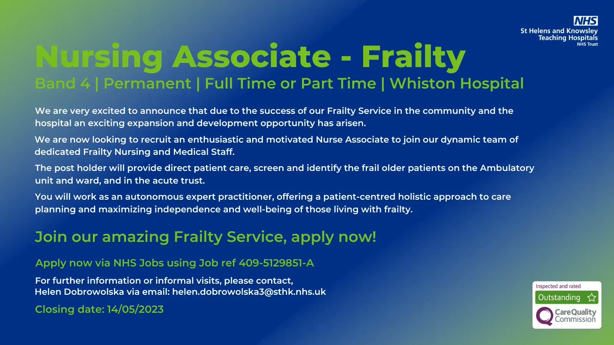 🎉 We are very excited to announce that due to the success of our Frailty Service in the community and the hospital an exciting expansion and development opportunity has arisen!

✅ Apply now: buff.ly/3np5jho 

📅 Closing date: 14/05/2023

#WeAreTheNHS