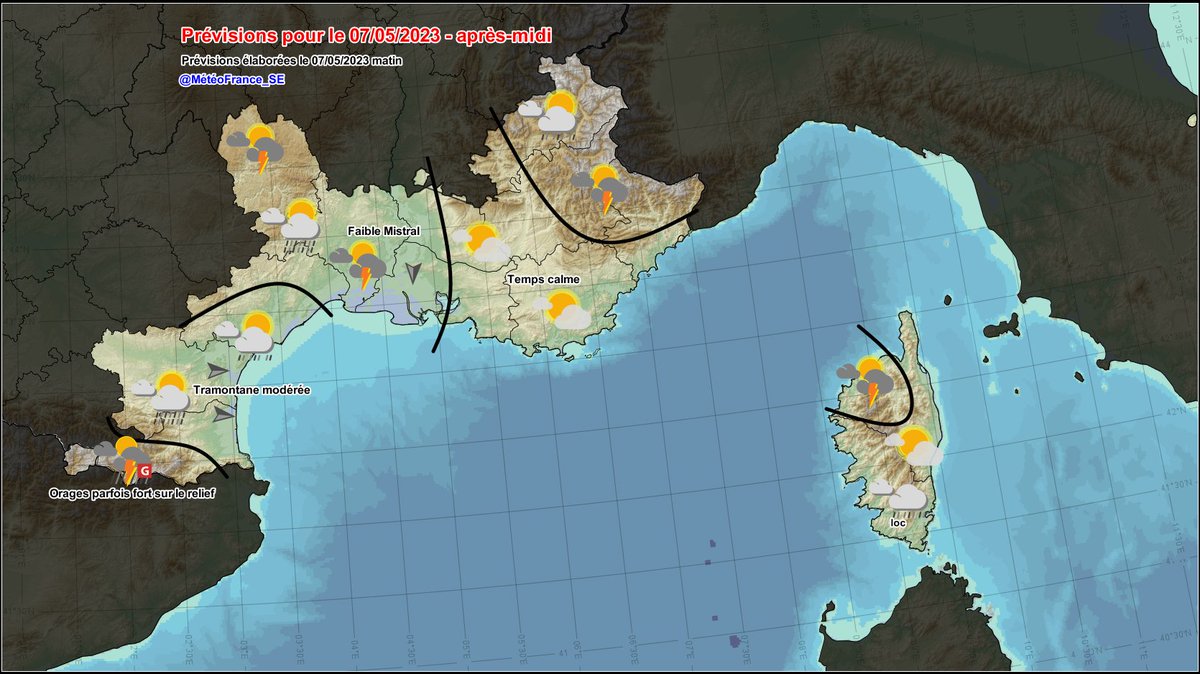 #PrevisionSE 🌦️⛈️
[1/2] Pour cet après-midi, temps partagé entre les éclaircies et les averses, parfois orageuses jusqu'en plaine. L'activité orageuse s’estompe en cours de soirée.