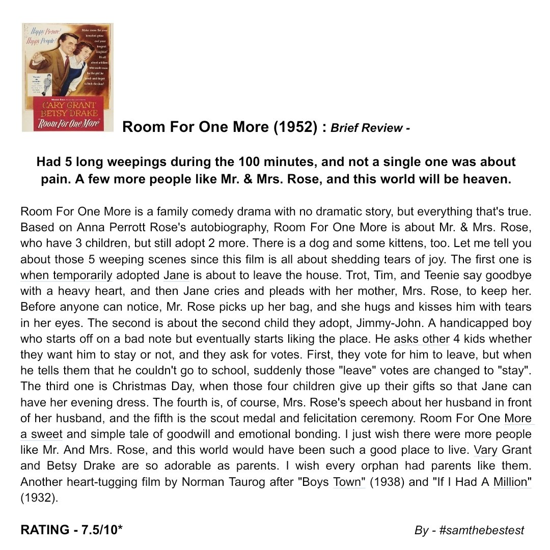 SAMTHEBESTEST_'s tweet image. Watched #RoomForOneMore (1952) :

Had 5 long weepings during the 100 minutes, and not a single one was about pain. A few more people like Mr. &amp;amp; Mrs. Rose, and this world will be heaven.

RATING - 7.5/10*

#NormanTaurog #CaryGrant #betsydrake #georgewinslow #irismann #gaygordon