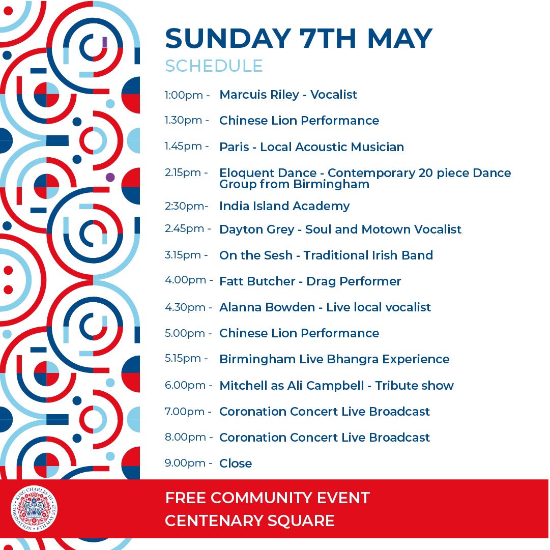 BhamCityCouncil's tweet image. 👑 Birmingham's #Coronation celebrations continue from 1pm today (7/5) and will be live streamed free via BeOnTV's Facebook page @beontvuk and YouTube channel for anyone wanting to join in but unable to get to Centenary Square.
👑 For event details visit orlo.uk/fcpEK