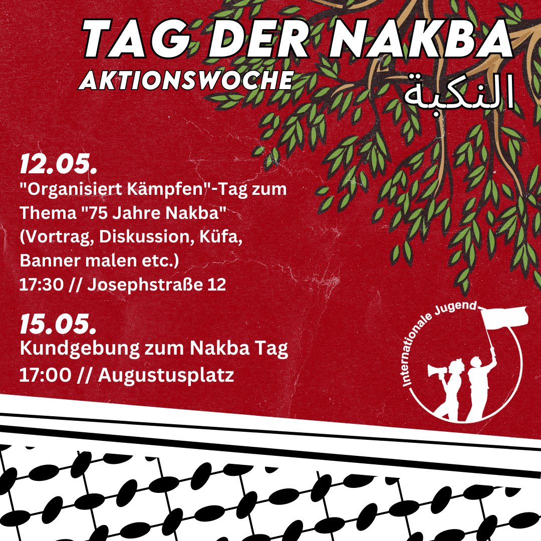 Interjugend's tweet photo. [IJ #Leipzig]
Tag der #Nakba - Aktionswochenende:
Kommt vorbei!

#le1205 #le1505 https://t.co/DpaADkRGAS