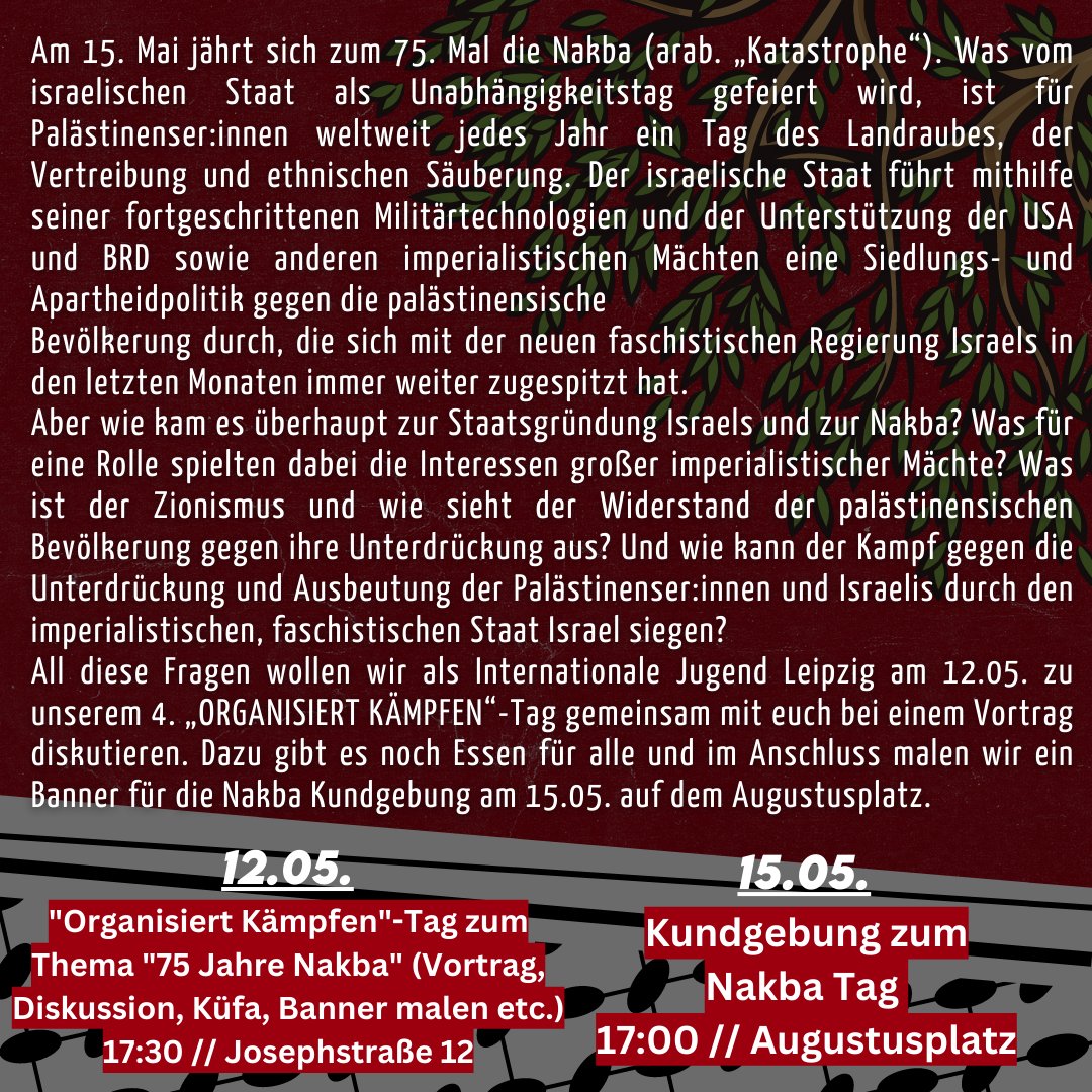 Interjugend's tweet photo. [IJ #Leipzig]
Tag der #Nakba - Aktionswochenende:
Kommt vorbei!

#le1205 #le1505 https://t.co/DpaADkRGAS