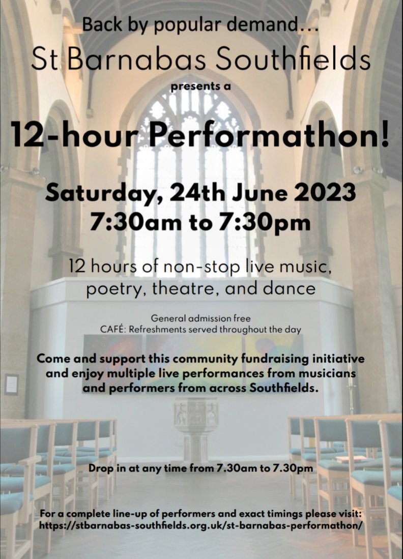 Delighted to announce we are running another Performathon this year. Individuals and ensembles of all ages and styles please do consider signing up! The fabulous <a href="/mrhigginsmusic/">Michael Higgins</a> is on hand accompanying all day too! stbarnabas-southfields.org.uk/st-barnabas-pe…