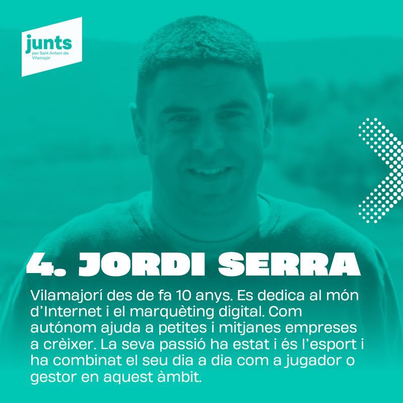 juntspersav's tweet photo. 4️⃣🙋🏻‍♂️ En Jordi Serra, el número quatre.

ℹ "Cal posar Sant Antoni al mapa: tenim un poble preciós al voltant del Montseny. Ens esforçarem perquè els Vilamajorins i Vilamajorines gaudeixin d'un poble familiar i tranquil.”

@jordiserra 
@juntspersav 
#reactivemvilamajor https://t.co/Rzb5Nm0ft5