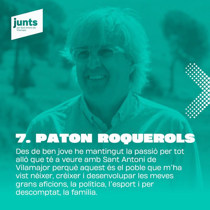 juntspersav's tweet photo. 7️⃣🙋🏼‍♂️ En Paton Roquerols, el número set.

ℹ“Em sento afortunat de formar part d'aquest equip, cohesionat, amb idees i compromès amb el nostre poble. Les persones són la meva prioritat, vull un poble amb qualitat de vida per a tothom”

@patonroque 
@juntspersav
#reactivemvilamajor https://t.co/4S8tolobAK