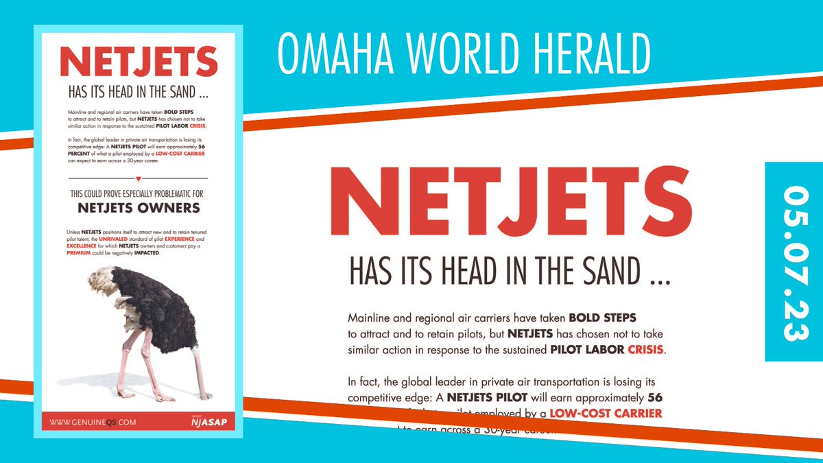 NJASAP's tweet photo. When aviators have their choice of carrier, why choose #NetJets whose pilots will earn 56% of what their peers at low-cost carriers can earn across a 30-year career? By burying its head in the sand, NetJets is #NotCompetitive as the #PilotShortage continues. https://t.co/CAyjFFFYI7