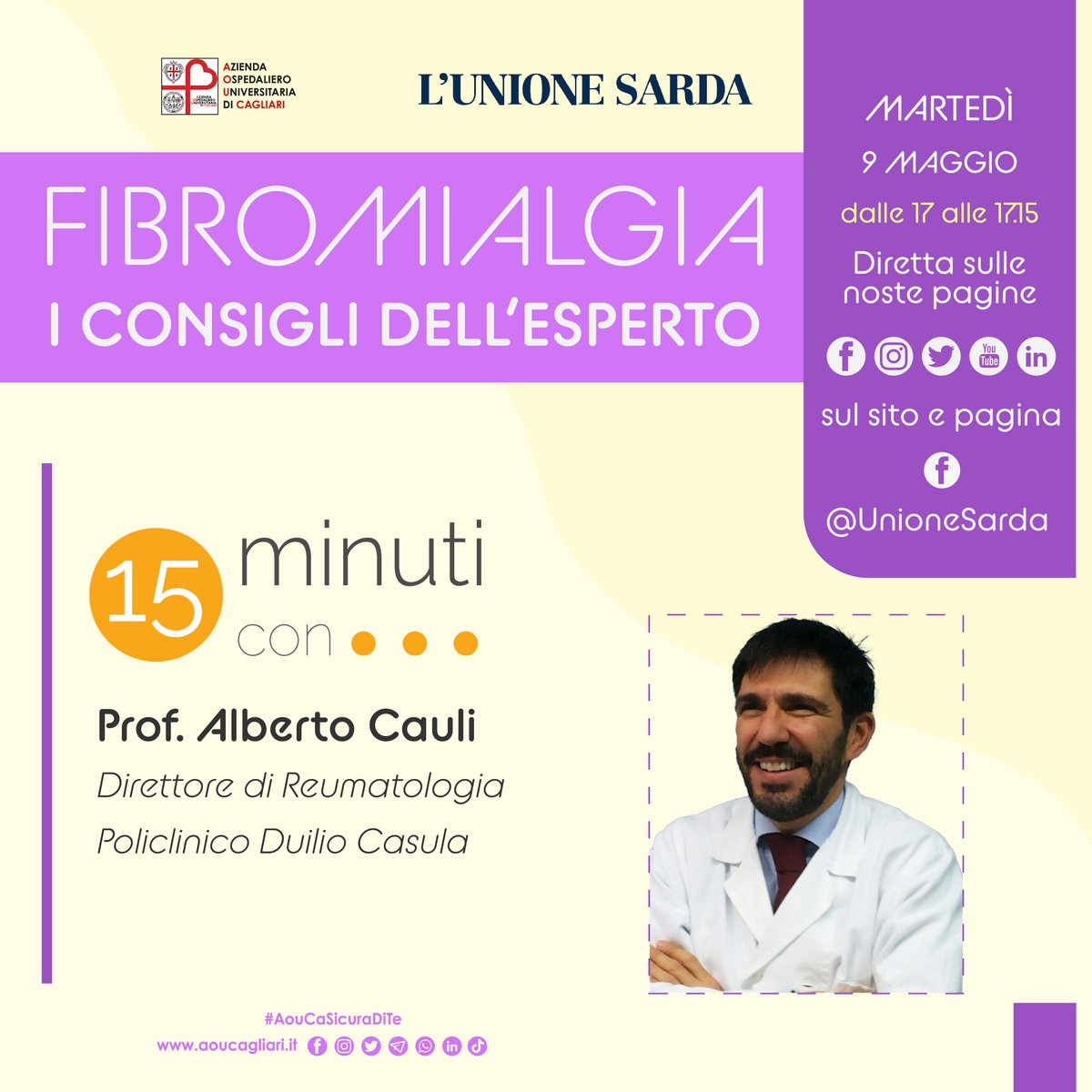 #Fibromialgia a #15minuticon live alle 17 martedì #9maggio con il prof Alberto Cauli direttore della #Reumatologia del Policlinico.
Sintonizzati sui social dell'Aou e su sito e pagina Facebook de L'<a href="/UnioneSarda/">L'Unione Sarda</a> 👉 bit.ly/3HAApJt
#AouCaNews