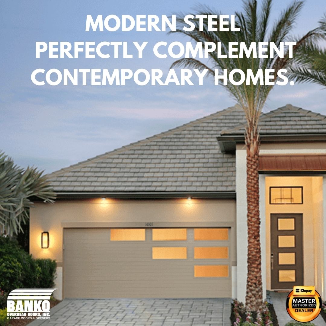 @ClopayDoor  #ClopayGarageDoors Modern Steel garage doors come in many styles to add a personal touch to your home’s exterior. The Ultra-Grain finish gives the realistic look of a classic wood door with the durability and #lowmaintenance of steel material. bankogaragedoors.com/collection/gar…