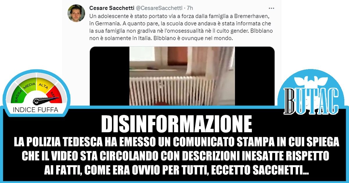#Bufala #Cronaca Il video del bambino portato via dalla polizia: C’è un video che ci avete segnalato, video che sarebbe stato pubblicato su alcuni profili di noti bufalari. Tra i tanti c’è il solito Cesare Sacchetti, che non trattavamo da alcuni anni.… butac.it/video-bambino-…