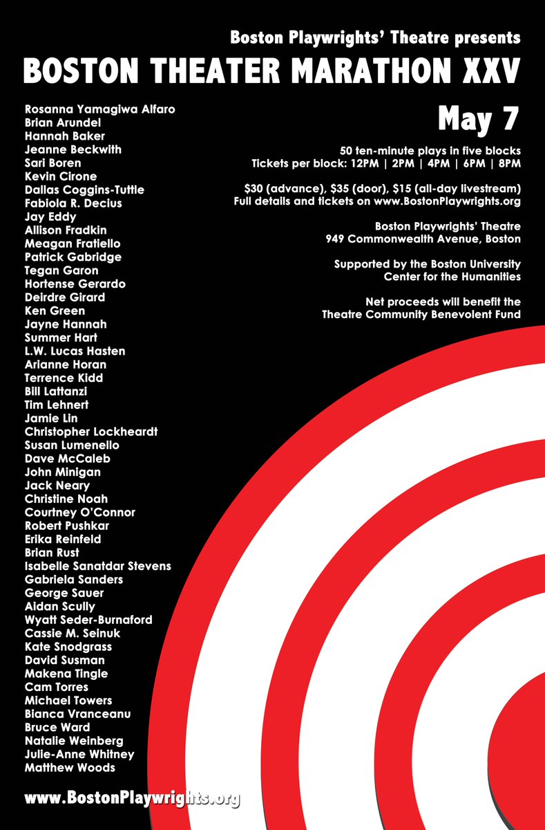 TODAY’S  THE DAY—Boston Theater Marathon XXV hits the starting line at NOON EDT!  BTM’s 12PM, 2PM, 4PM, and 6PM Blocks are SOLD OUT, but seats are still  available for the 8PM Block and a livestream of the full event is  available. bit.ly/3MMUCPU #BTM25 #BUarts #BTMXXV