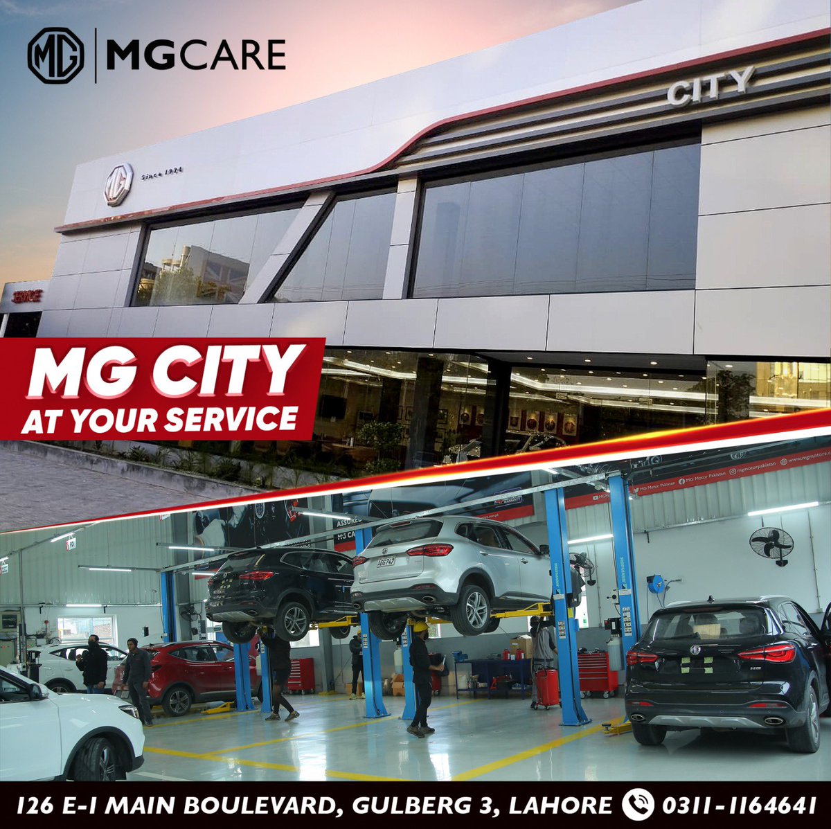 MGPakistan's tweet image. Great news! Another MGCare has been added on Lahore's map for all your MG's needs! MG City is ready for service! From routine maintenance to emergency repairs, we've got you covered with our expert team of technicians

#MGPakistan #iloveMG #MGCare