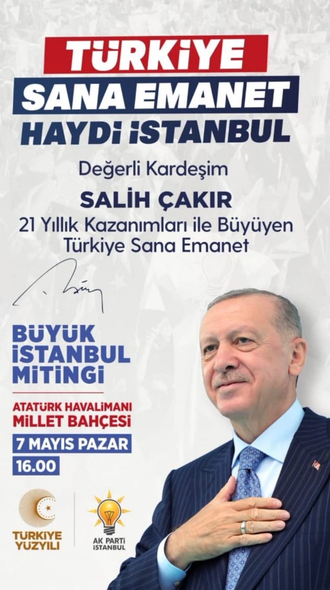 Sn. Cumhurbaşkanımızla buluşmaya ve kutsal emanete sahip çıkmaya, Türkiye Yüzyılı'nın ilk adımlarını İstanbul'dan atmaya gidiyoruz.

Bu kutlu yürüyüşe, seni de bekliyoruz.
Haydi, İstanbul sana emanet!
<a href="/RTErdogan/">Recep Tayyip Erdoğan</a> 
#hemenşimdi
#türkiyeyüzyılı
#akparti
#doğruadam
#receptayyiperdoğan