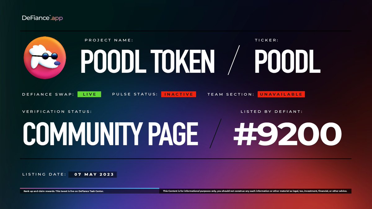 DeFiance_App's tweet image. .@POODLETOKEN community page is now live on DeFiance.app/project/Poodl_…. 

$POODL is now listed on #DeFianceSwap.

#POODL is a BEP-20 deflationary, self-LP generating token that is powered by the work and idea of its community.

Learn more at users.DeFiance.app.
#DeFianceApp