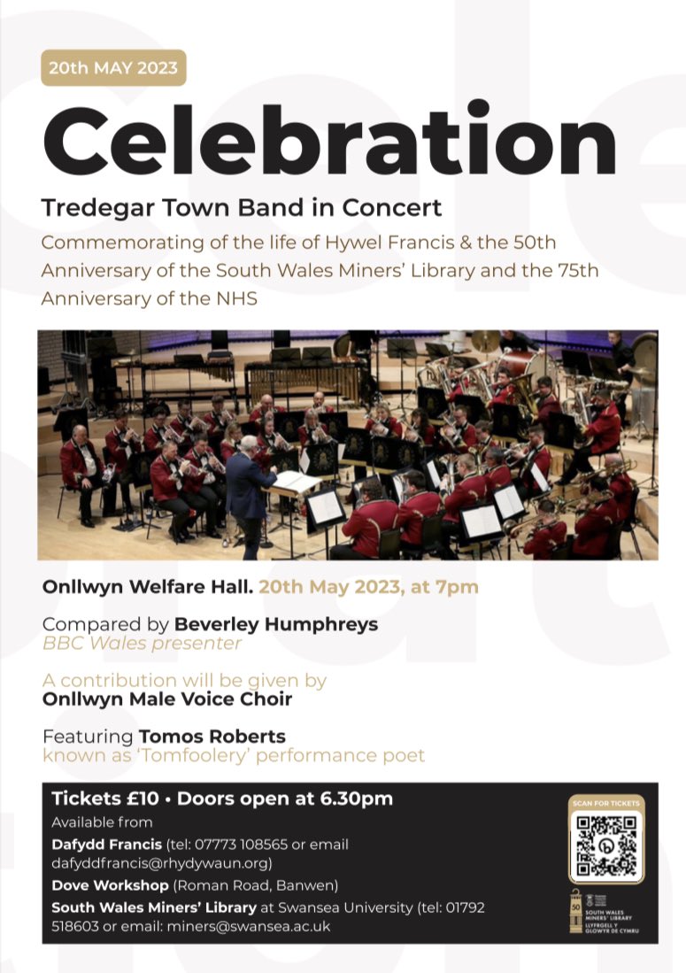 <a href="/swminerslibrary/">Miners' Library</a> Come to see Tredegar band at the Onllwyn Welfare Hall on May 20th to celebrate 75 years of the NHS and 50 years of the South Wales Miners Library. 

eventbrite.co.uk/e/tredegar-ban…