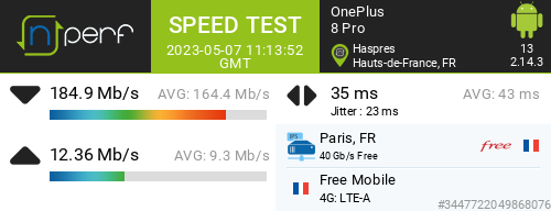 Val_gauthier78's tweet image. ↓184939 kb/s ↑12364 kb/s, ⇄ 35 ms / mobile:Free Mobile / #OnePlus8Pro / #nPerf v2.14.3 /