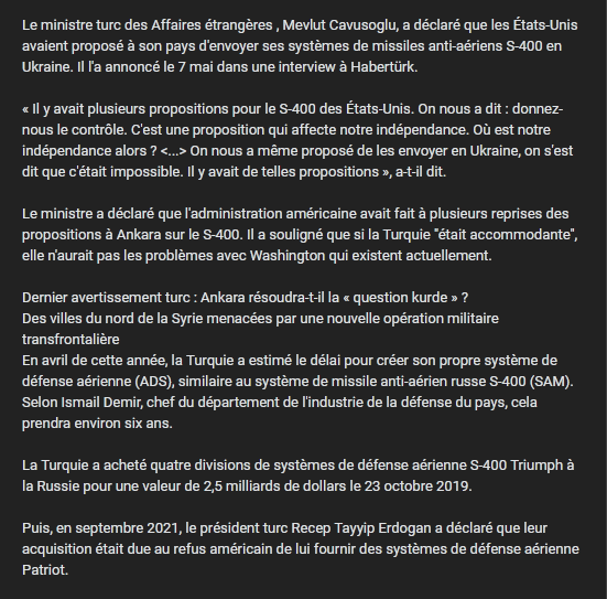 Vladivoscope's tweet photo. Le ministre #turc des Affaires étrangères , Mevlut #Cavusoglu, a déclaré que les États-Unis avaient proposé à son pays d'envoyer ses systèmes de missiles anti-aériens #S400 en #Ukraine. Il l'a annoncé le 7 mai dans une interview à #Habertürk.
https://t.co/FHTEGpbKvr https://t.co/HN7FxyeCvL