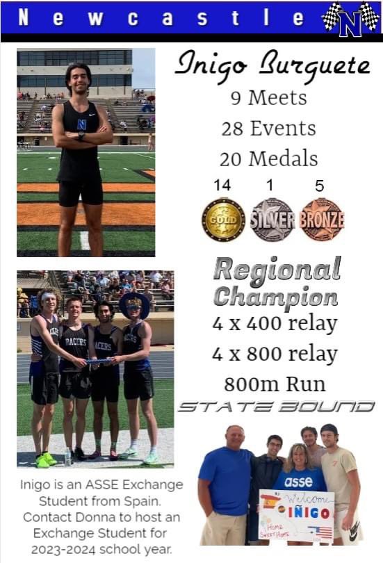 Iñigo Alfonso Burguete a Newcastle Racer and an ASSE Exchange Student from Spain, has qualified for the Oklahoma State Championships.  Inigo and his Teammates will be going to State May 12 &amp;13.  We are so proud of this great kid.
