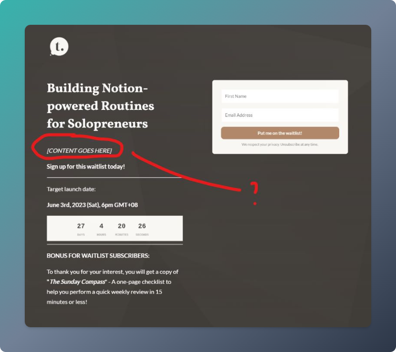 talktoterryco's tweet photo. I've decided to set up a waitlist for my "Notion-Powered Productivity" email course
But I have a tiny problem:
I'm not sure what I should write on the landing page
Landing page gurus, any advice?
#buildinginpublic https://t.co/mroZia9hOe