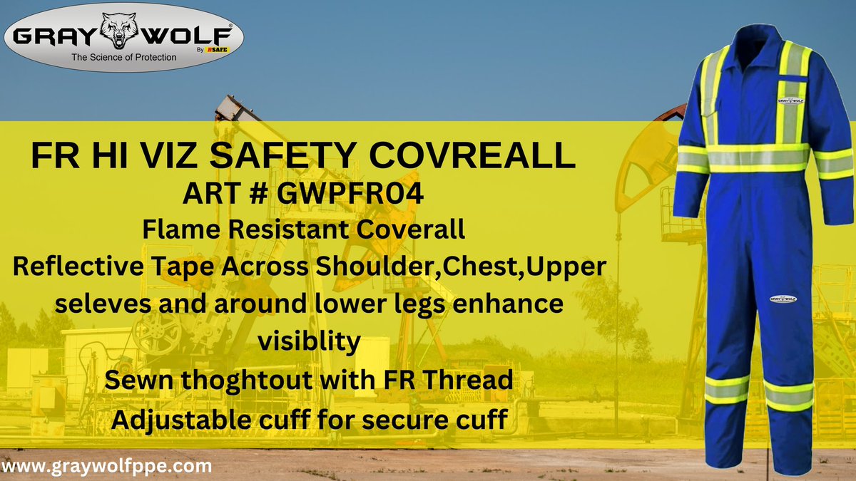 GRAYWOLF® GWPFR04 Flame Resistant Coverall 
Reflective tape across shoulders, ches, upper sleeve and around lower legs enhance visibility sewn throughout with flame resistant threads, adjust cuff for secure fit.
#graywolfppe #workwear #safetywork #ppe #rsafepakistan #rsafegloves