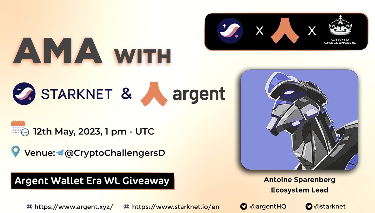 CRYPTO CHALLENGERS (@c_challengers) on Twitter photo CryptoChallengers Announced our special #AMA with <a href="/Starknet/">Starknet 🐺🐱</a> & <a href="/argentHQ/">Argent is now Ready</a> 12th May 2023 | 1 PM UTC
VENUE
t.me/CryptoChalleng…
Rewards : Argent Era WL Giveaway
RULES
1. Follow :
<a href="/c_challengers/">CRYPTO CHALLENGERS</a>
<a href="/argentHQ/">Argent is now Ready</a>
<a href="/Starknet/">Starknet 🐺🐱</a>
2. Like & rt
3. Comment qns by tagging 3 frens (Max4Qns)
Be CryptoChallengers Announced our special #AMA with <a href="/Starknet/">Starknet 🐺🐱</a> & <a href="/argentHQ/">Argent is now Ready</a> 12th May 2023 | 1 PM UTC
VENUE
t.me/CryptoChalleng…
Rewards : Argent Era WL Giveaway
RULES
1. Follow :
<a href="/c_challengers/">CRYPTO CHALLENGERS</a>
<a href="/argentHQ/">Argent is now Ready</a>
<a href="/Starknet/">Starknet 🐺🐱</a>
2. Like & rt
3. Comment qns by tagging 3 frens (Max4Qns)
Be