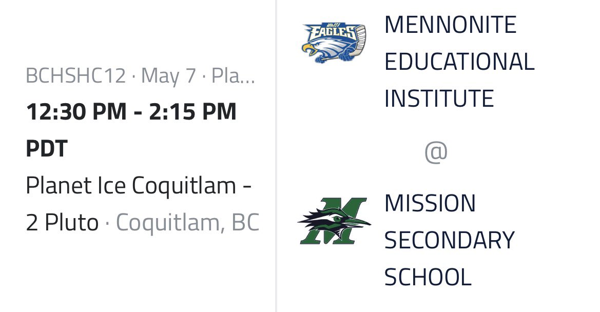 Game Day 💥. MEI Eagles travel to Coquitlam Planet Ice for its BC High School League Semi-Final at 12:30. Do or die game to advance to the Finals at 3:45pm. Go 🦅 s