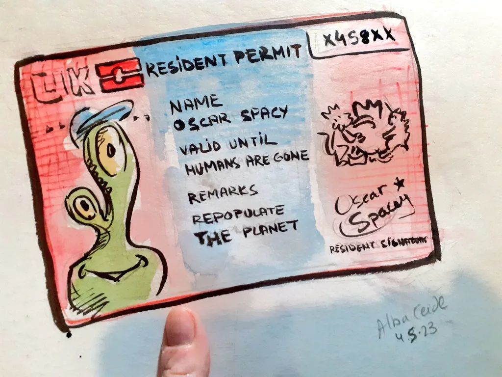 Alba_Ceide's tweet photo. Resident Alien is the theme of this drawing I did for the last Drink&amp;Draw @brokenfrontier and @goshcomics #residentpermit #residentalien #comic #smallpress #GoshBFDD https://t.co/GVTktQB48L https://t.co/SH7Yl1JJva