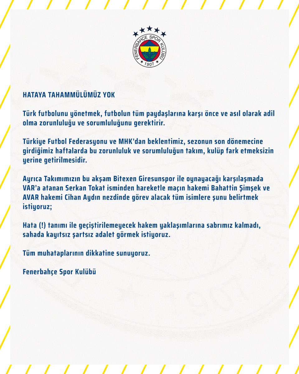 HATAYA TAHAMMÜLÜMÜZ YOK Türk futbolunu yönetmek, futbolun tüm paydaşlarına karşı önce ve asıl olarak adil olma zorunluluğu ve sorumluluğunu gerektirir. Türkiye Futbol Federasyonu ve MHK’dan beklentimiz, sezonun son dönemecine girdiğimiz haftalarda bu zorunluluk ve…