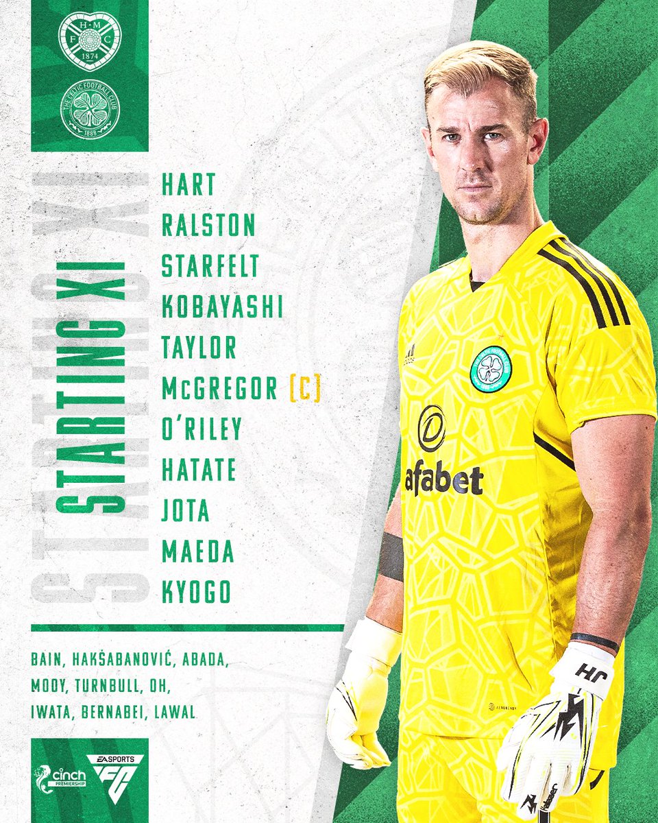 📋 #CelticFC Team News! 🟢⚪

Here's how the Bhoys line up against Hearts ⤵

💯 Joe Hart set for 100th appearance
👊 Kobayashi partners Starfelt in defence
💚 Ralston comes in for Johnston

#HEACEL | #cinchPrem | #COYBIG🍀