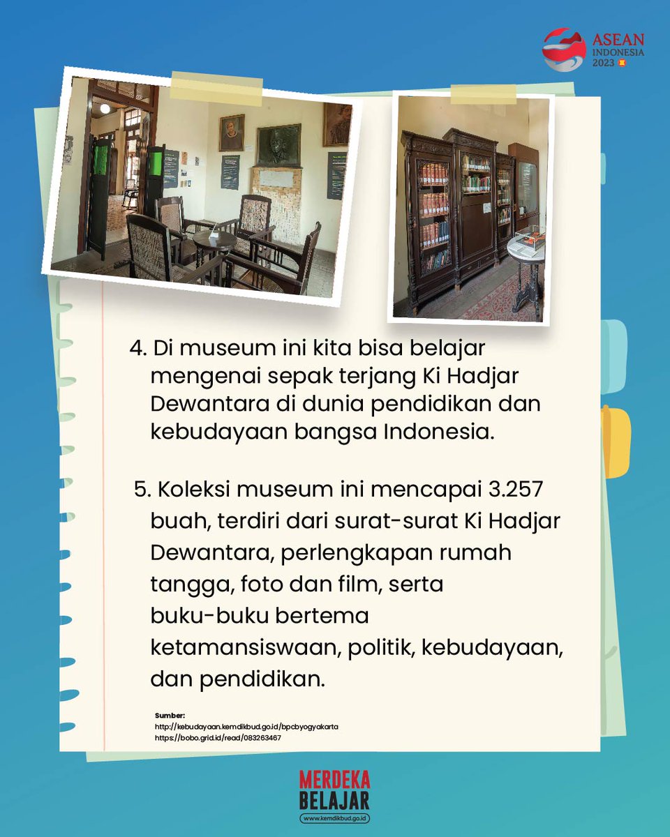 Kemdikdasmen's tweet photo. Pernahkah #SahabatDikbud berkunjung ke Museum Dewantara Kirti Griya? Museum yang diresmikan pada 2 Mei 1970 ini dulunya merupakan kediaman Ki Hadjar Dewantara, di Yogyakarta. Yuk, intip museumnya!

#MerdekaBelajar #Hardiknas2023 #InfoDikbud https://t.co/ytKlN3v2C9