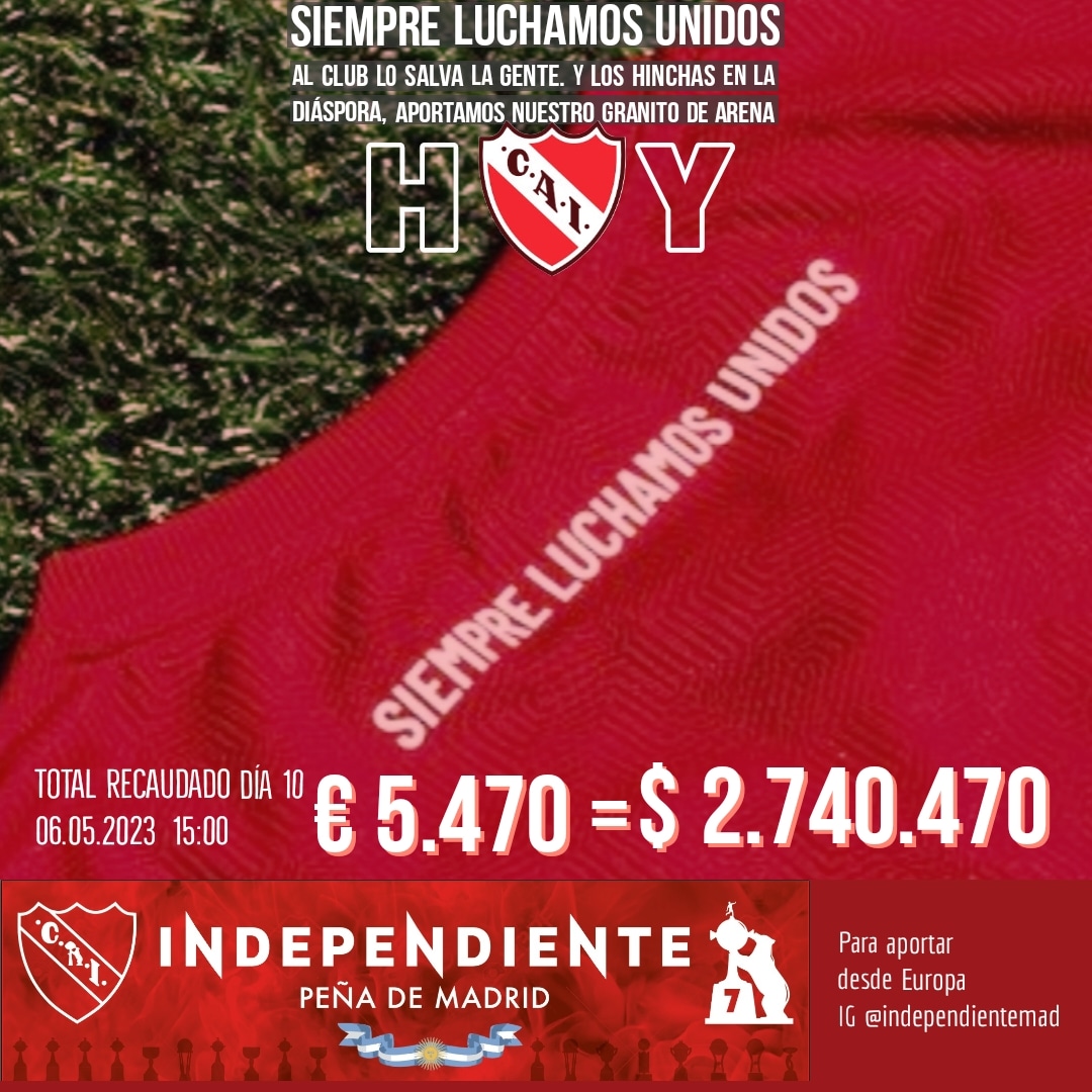 PeaIndependien1's tweet photo. Tenemos 1999 seguidores.

Si llegamos a 3000 antes de las 10:00 del lunes, aportamos a la colecta de @santumaratea1 y Santoro 50$ pesos por cada nuevo seguidor hincha de #Independiente 🇦🇹

La Peña #Independiente de Madrid ya sumó +5500€ = 2.7M $ y vamos por más 💪 
Nos ayudan? https://t.co/ctJ6ae1bt3