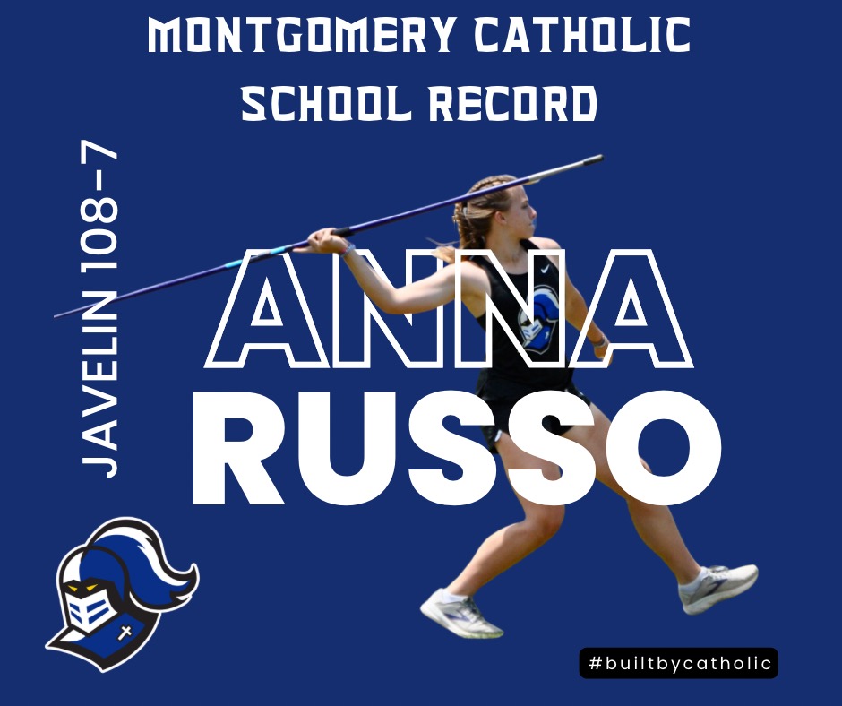 Congratulations to Anna Russo on setting a new school record of 108-7 in the Javelin @ Ahsaa Girls 4A Outdoor Track Championships!!! #BuiltbyCatholic