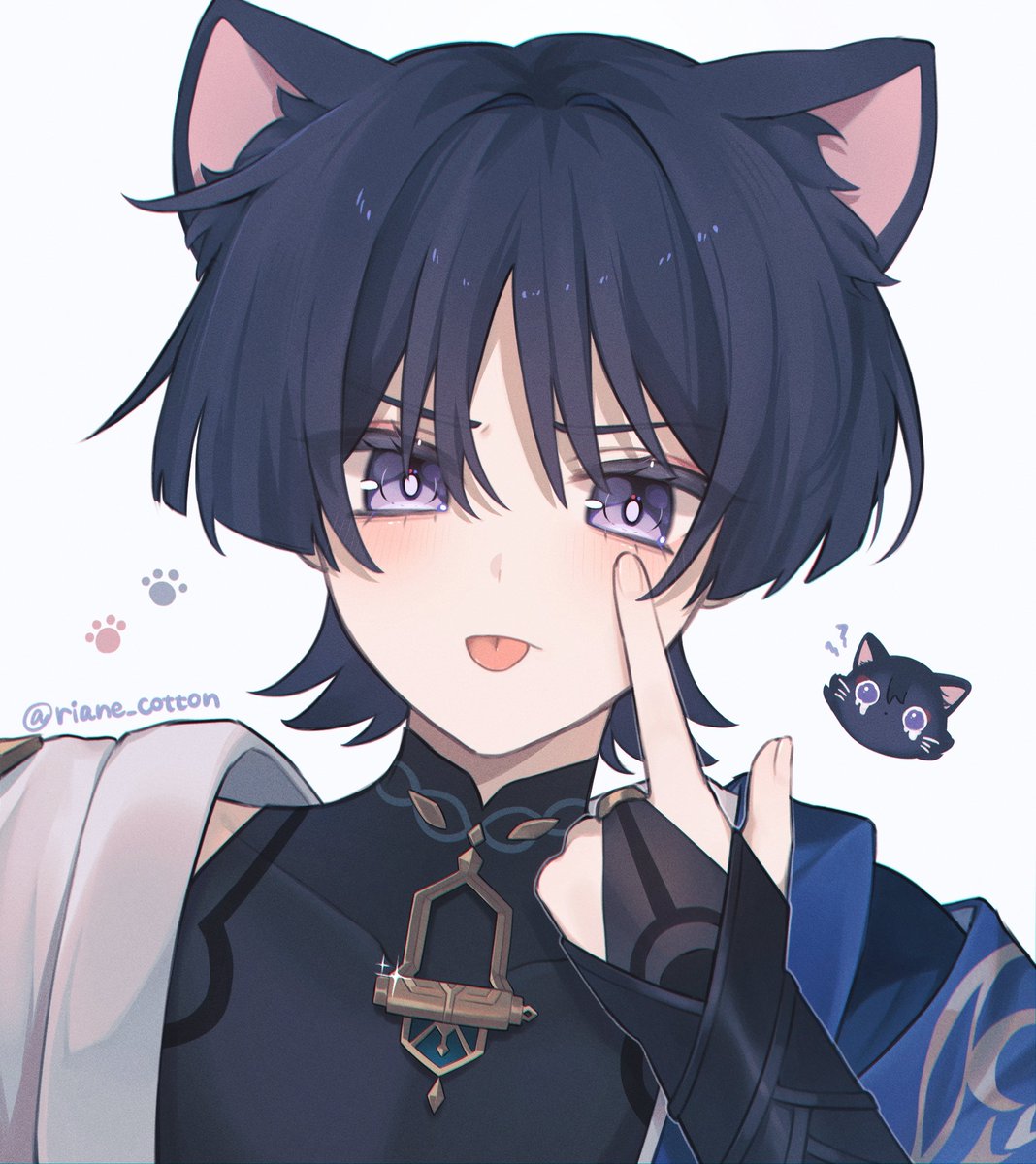 scaramouche (genshin impact) tongue animal ears cat ears 1boy tongue out male focus purple eyes  illustration images