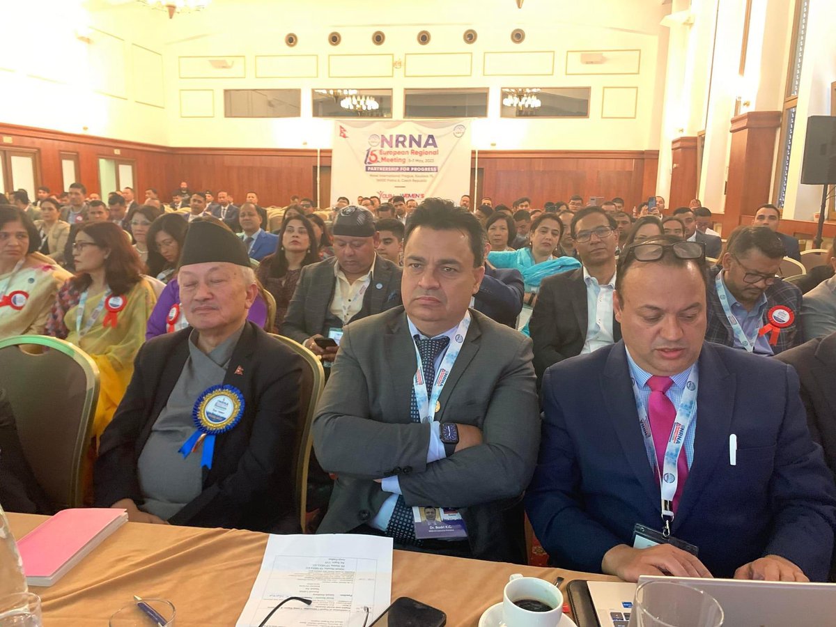 Hon. @NPSaudnc, Minister for Foreign Affairs, speaks at 15th European Regional Meeting of #NRNA in Prague as chief guest. Addressing Nepalese diaspora issues in Europe & discussing key community issues. 🇳🇵🌍 
@jyotshna_saud 
@kulacharya335 
#NepalDiplomacy #EmpoweringDiaspora