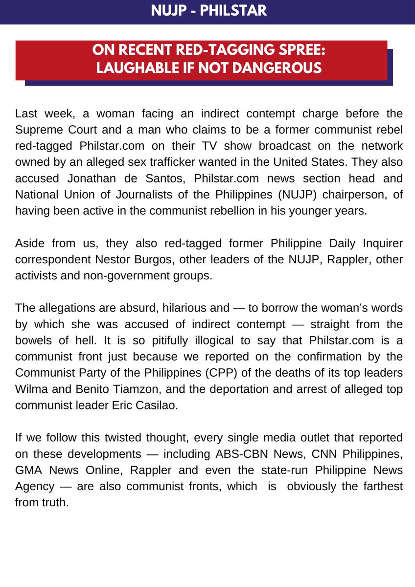 xaveasfile's tweet photo. Last week, our entire newsroom was red-tagged for just doing our jobs.

Here is NUJP-Philstar's statement.

We stand by our editor @desamting. We stand by @nburgosjr, @rapplerdotcom and other journalists under attack. We stand together. Stand with us and #DefendPressFreedom! https://t.co/0V6ALUne6a