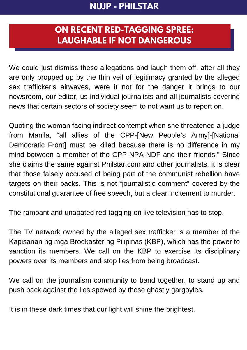 xaveasfile's tweet photo. Last week, our entire newsroom was red-tagged for just doing our jobs.

Here is NUJP-Philstar's statement.

We stand by our editor @desamting. We stand by @nburgosjr, @rapplerdotcom and other journalists under attack. We stand together. Stand with us and #DefendPressFreedom! https://t.co/0V6ALUne6a