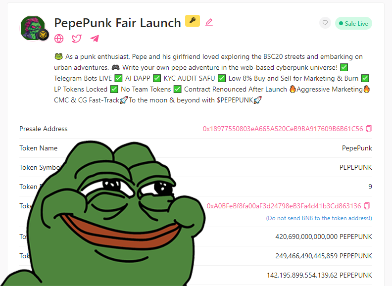 pepepunk_'s tweet photo. #PEPEPUNK 🐸🐸🐸
PEPEPUNK is Coming...

Don't miss the chance to buy before the fair launch period concludes. 

https://t.co/ICAiEsMDDW

#Crypto #Pepe #x1000gem #bscgems #memecoin #CryptocurrencyNews https://t.co/2TMW4u3YXq