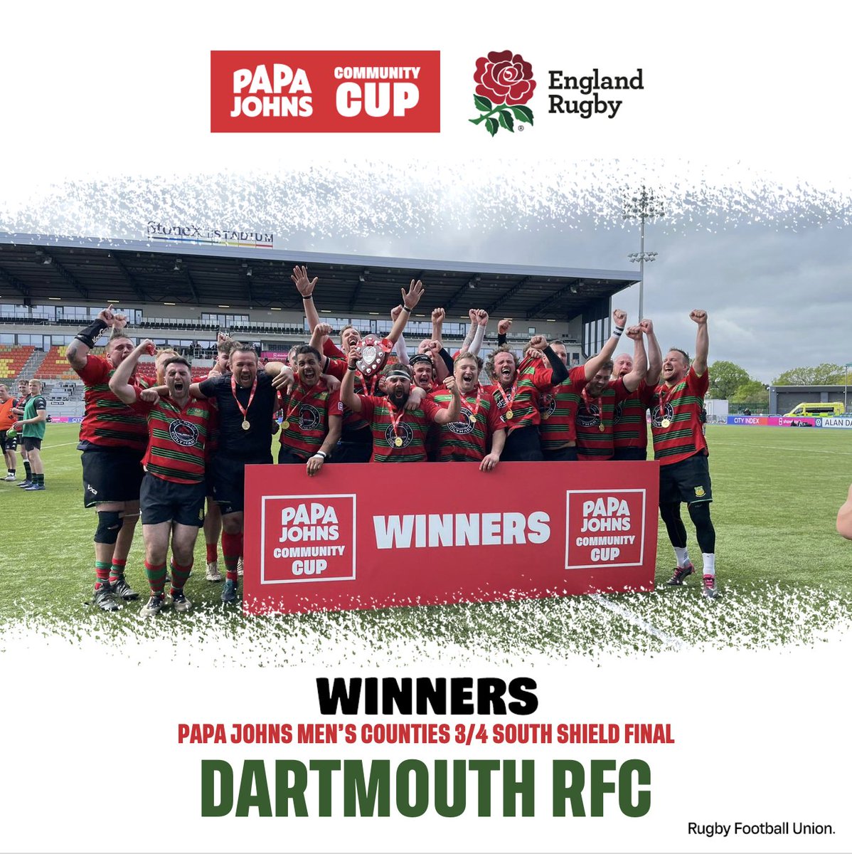 🏆🍕The 2023 <a href="/PapaJohnsUK/">Papa Johns UK</a> Men's Counties 3/4 South Shield Champions - Dartmouth RFC!

👏Congratulations to everyone at <a href="/DartmouthRFC/">Dartmouth RFC</a>!

#PapaJohnsCommunityCup