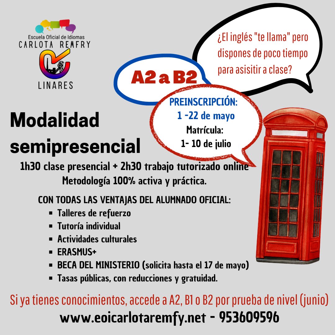 Seguimos apostando por la modalidad #semipresencial y nos preocupamos porque la metodología sigua siendo 100% activa tanto en la parte online como en la parte presencial.
#Inglés de #A2 a #B2
Con todas las ventajas del alumnado oficial presencial.
eoicarlotaremfry.net