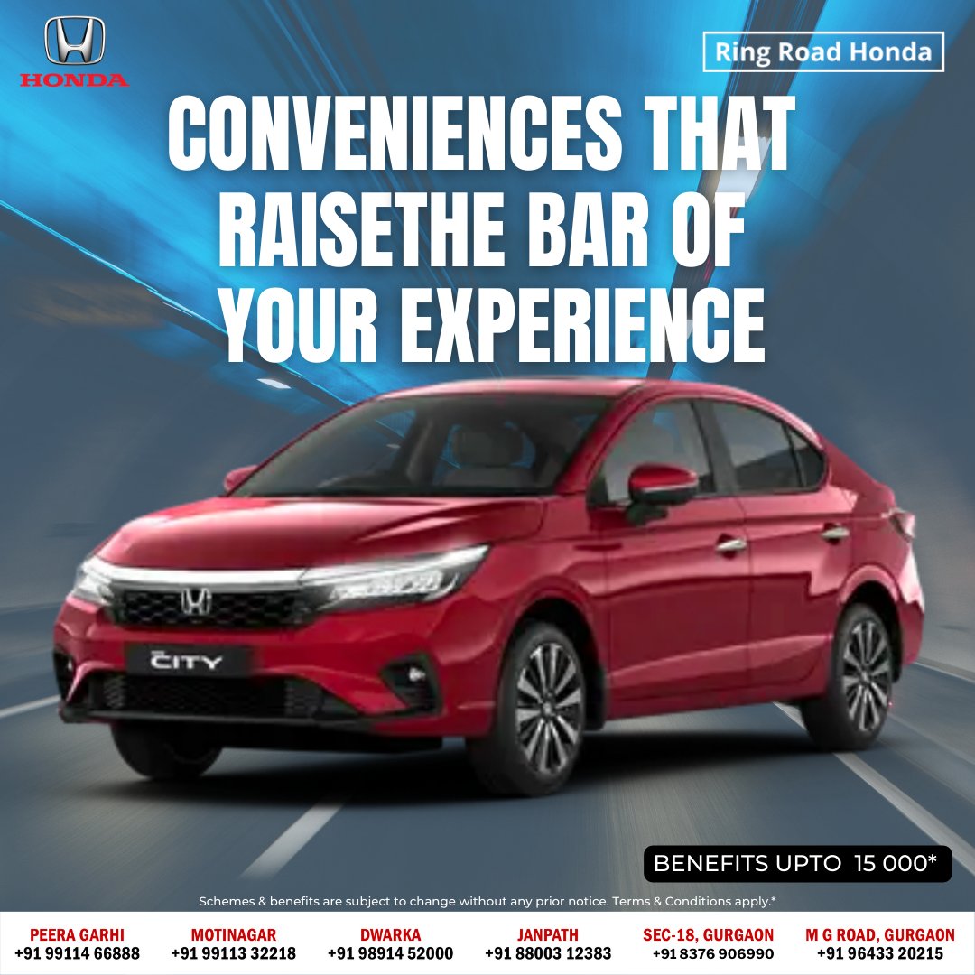 ring_honda's tweet photo. Take the ride of your life with the new Honda City!
Experience convenience at its finest and #drivewithcomfort

Enjoy benefits upto ₹ 15 000*.
Book now - https://t.co/Wy7mUWYmhS
.
.
.
#hondacarindia #rrhonda #TheNewHondaCity #ThinksAhead #HondaSensing https://t.co/5kKr5gaqGr