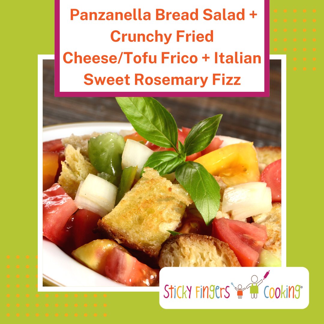 Our RECIPE OF THE WEEK is Aunt Rosemary's Panzanella Bread Salad + Fried Cheese Frico + Italian Sweet Rosemary Fizz! 

#Panzanella #StickyFingersCooking #EasyRecipes #KidRecipes #Education #KidsCooking #CookingWithChildren #Recipe #ItalianRecipe #ItalianFood