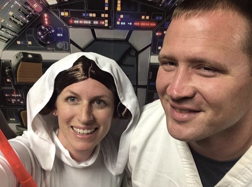 PrincipalSLove's tweet photo. Year five of BHS After Prom greeter shenanigans as pilot and flight attendant 💜💛 https://t.co/4ld4Pb6PBi