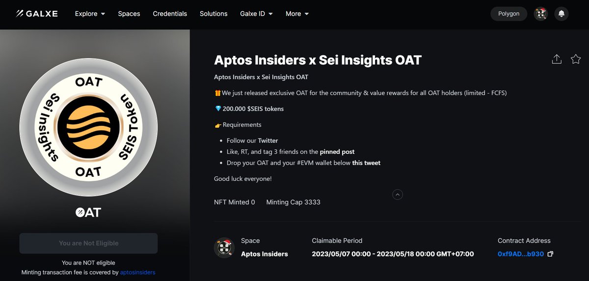 SolCommunityy's tweet image. Aptos Insiders x @sei_insight OAT⚡️

🎁We just released exclusive OAT for the community &amp;amp; value rewards for all OAT holders (Limited - FCFS)

Claim OAT
galxe.com/aptosinsiders/…

🧧200.000 $SEIS tokens

Drop your #EVM wallet address below👇

#Aptos #Sei #OAT