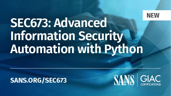 SANSDefense's tweet photo. Level up your #Python skills with #SEC673 Advanced Information Security Automation with Python π Take it an upcoming run:
πΊπΈJune 14 | Live Online | CDT
π»OnDemand | Anytime, Anywhere
https://t.co/d0uKAnjPz5 https://t.co/CA9LZPHCqU